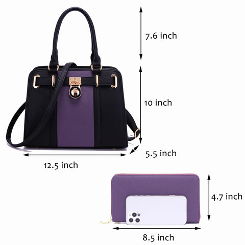 Handbags Sets For Women Shoulder Bags Top Handle Work Satchel Tote Purses Set With Matching Wallet 2pcs PurpleBlack