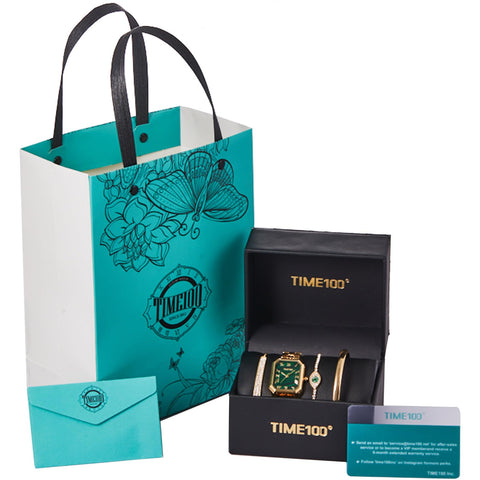 TIME100 Women's Rectangle Bracelet Watch Set Premium Crystal Accented Bangle Watch Golden W50889L TIME100