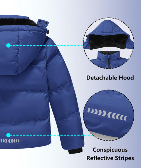 RBYEKP Winter Ski Coat for Kids Warm Lining Boys Thermal Puffy Jackets with Removeable Hood Ski Puffer Coat for Youth Zipper Dark Blue L (10-12)