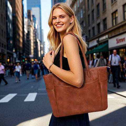 monrich Large Tote Bag for Women Work Vegan Leather 23L Womens Tote Purse with Zipper Ladies Handbags Brown