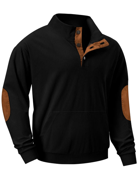 JMIERR Mens Sweatshirt Casual Long Sleeve Quarter Button Collared Pullover Shirts Fall Corduroy Sweaters with Pockets, L, Black