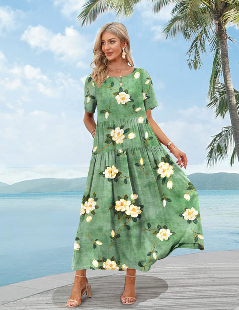 YESNO Women Casual Loose Bohemian Floral Dress with Pockets Short Sleeve Long Maxi Summer Beach Swing Dress 2XL EJF CR19 YESNO