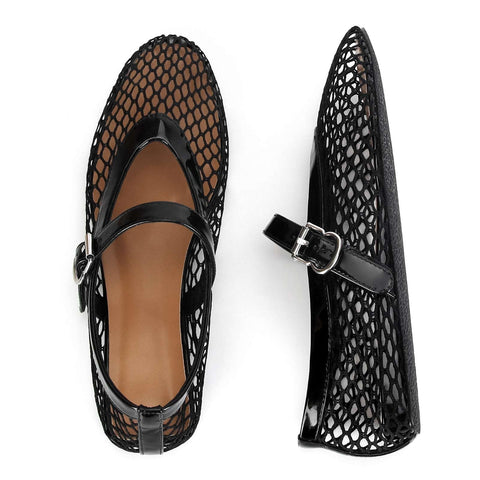 MICIFA Women's Mesh Ballet Flats Buckle Mary Jane Flats Ballerina Shoes Fishnet Causal Daily Dress Shoes