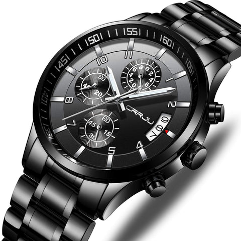 CRRJU Men's Black Watch Fashion Business Chronograph Quartz Wristwatches,Luxury Stainsteel Steel Band Waterproof Watch for Men CRRJU