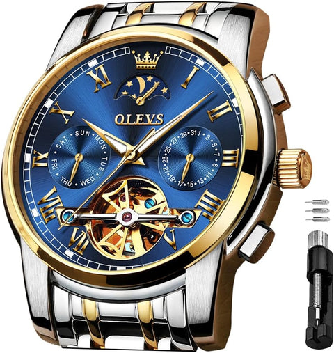 OLEVS Men's Automatic Mechanical Watches Luxury Dress Waterproof Self Winding Moon Phase Chronograph Stainless Steel Luminous Date Tourbillon Wristwatch for Men (Blue Dial and Gold Silver Strap) OLEVS