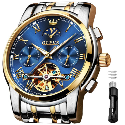 OLEVS Men's Automatic Mechanical Watches Luxury Dress Waterproof Self Winding Moon Phase Chronograph Stainless Steel Luminous Date Tourbillon Wristwatch for Men (Blue Dial and Gold Silver Strap) OLEVS