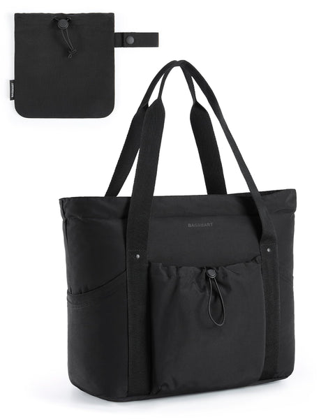 BAGSMART Women Foldable Tote Bag with Drawstring Storage Bag, Large Tote Bag Shoulder Bag Top Handle Handbag for Travel, Work, Beach, Gym, Shop, (Black) BAGSMART