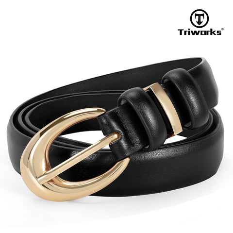 TRIWORKS 2 Pack Women Leather Belt for Jeans Pants Fashion Ladies Skinny Faux Leather Belt with Gold Buckle