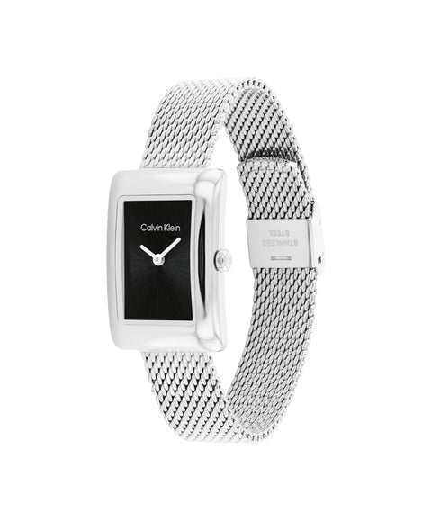 Calvin Klein Women's CK Styled Wristwatch, Stainless Steel, Silver Mesh Bracelet, Rectangular Case, Feminine Look, (Model:25200399) Calvin Klein
