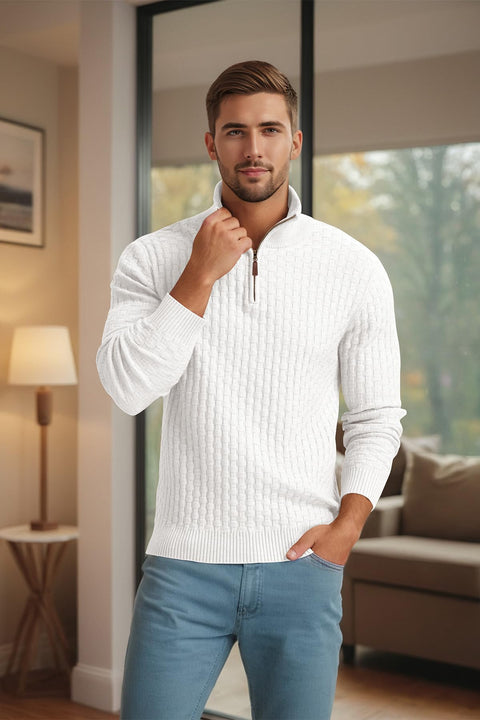 Askdeer Men's Quarter Zip Sweater Waffle Knit Sweater Mock Neck Polo Sweater Soft Casual Pullover Sweater with Ribbing Edge White