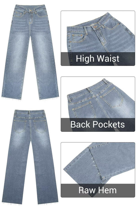 KDF Straight Leg Jeans for Women High Waisted Jeans Frayed Baggy Pants Raw Hem Loose Stretchy Cropped Wide Leg Jeans Light Blue Size 8