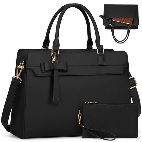 Laptop Bag for Women 15.6 inch Leather Laptop Tote Bag Large Computer Bag Waterproof Business Office Work Bag Briefcase with Satchel Purse 2pcs Set, Black NUBILY