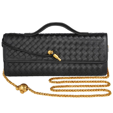 XINGFENGSU Woven Evening Bag Clutch Purses For Women, Woven Leather Crossbody Bag Purse For Women With Gold Chain. (Black) XINGFENGSU