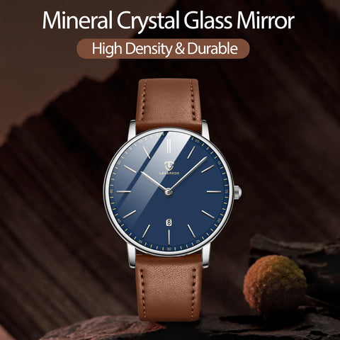 L LAVAREDO Watch for Men, Extremely Thin Mens Watches Minimalist Analog Men's Leather Wrist Watches with Time/Date, Birthday Gift for Men Boyfriend