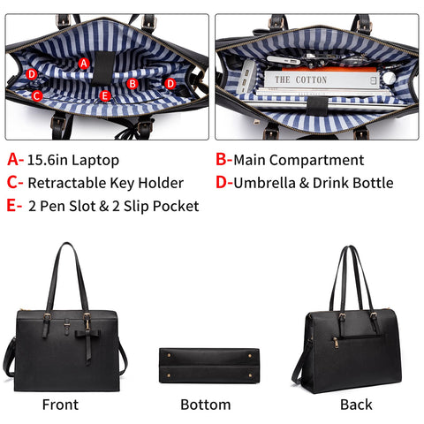 Keyli Laptop Tote Bag for Women Christmas Gifts Waterproof Leather Work Briefcase with Built-in USB Charging Port Computer Shoulder Bags Fits 15.6 Inch, Business Handbag Purse 4pcs Set Black Keyli