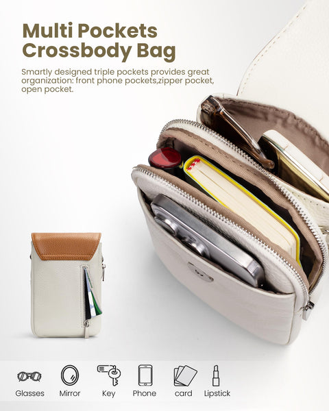 befen Genuine Leather Small Crossbody Bags for Women, Woman Cell Phone Cross body Purse Bag with RFID Blocking Card Slots Beige Brown