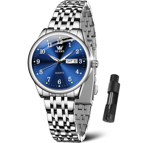 OLEVS Small Women Watch Silver Watches for Women Blue Dial Stainless Steel Easy Read Wrist Watches Day Date Classic Dress Analog Quartz Waterproof Ladies Arabic Numeral Reloj de Mujer