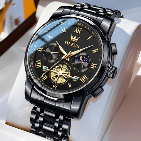 OLEVS Black Watches for Men Casual Fashion Big Face Man Watch Luxury Analog Quartz Men's Wrist Watch Elegant Waterpoof Stainless Steel Multifunction Chronograph Moon Phase Mens Watches