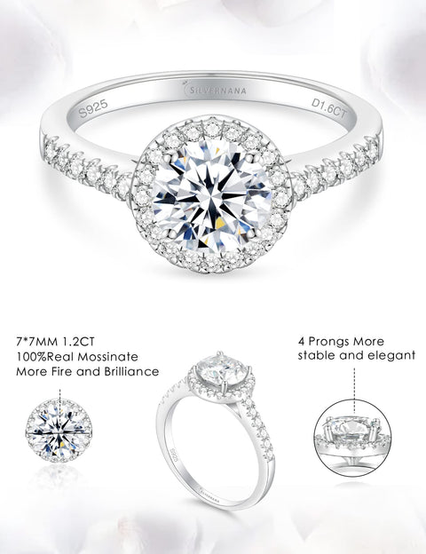 SILVERNANA 1.6CT Moissanite Halo Engagement Ring for Women Sterling Silver Round Cut Moissanite Promise Ring Size 8.5 SILVERNANA