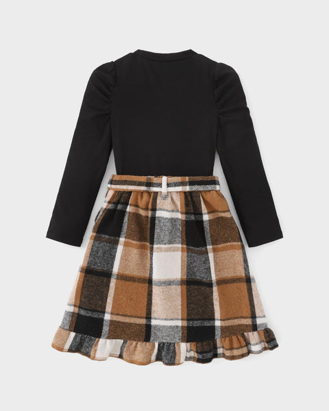 Yhnslsf Clothes for Girls 13-14Years, Fall Outfits 2 Piece Skirt Set Black Long Sleeve Ruffle Sleeve Top Dark Apricot Irregular Pleated Plaid Skirt Set Winter Preppy Clothing for Teen Girl