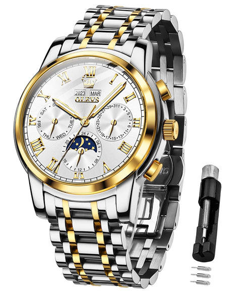 OLEVS Mens Automatic Watch Mechanical Self Winding Luxury Business Dress Moon Phase Stainless Steel Calendar Wrist Watches for Men Waterproof Luminous OLEVS
