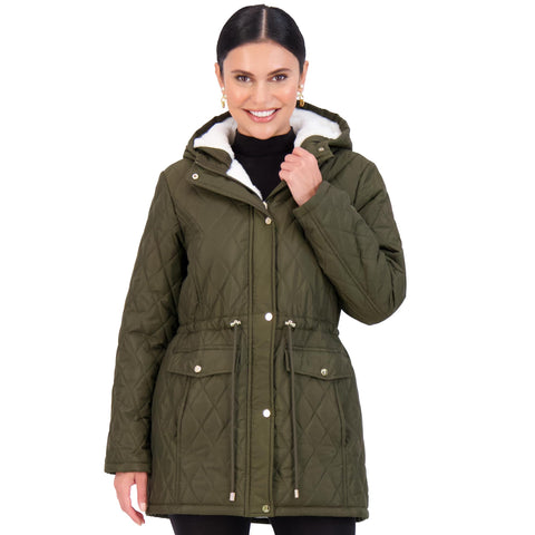 Jones NY Diamond-Quilted Jacket Anorak with Fur Lining - Winter Coats for Women, Olive - M Jones New York