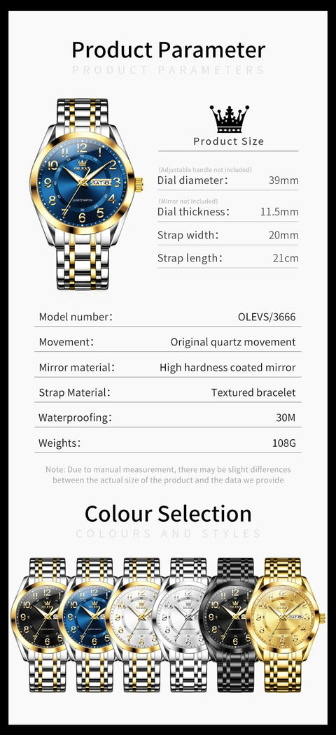 OLEVS Mens Watch Blue Classic Large Analog Male Watch Two Tone Stainless Steel Calendar Waterproof Luminous Gift Watch for Father