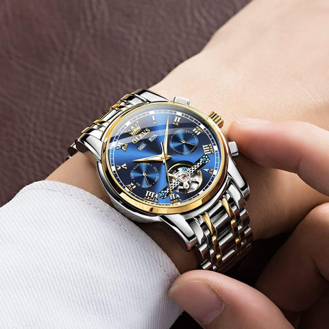OLEVS Watches for Men Automatic Mechanical Self Winding Blue Dress Tourbillon Stainless Steel Dual Calendar Waterproof Luminous Wrist Watch OLEVS
