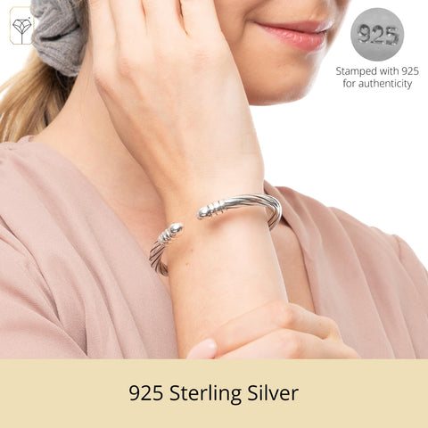 MAX + STONE Lightweight 925 Sterling Silver Bracelet for Women | 7 Inch Open Twist Bracelet with Hinged Clasp | Anti-tarnishing Sterling Silver Bangle Bracelet for Women | Silver Bangles for Women MAX + STONE