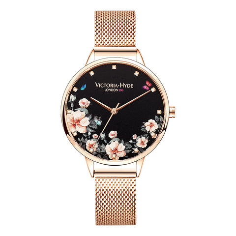 VICTORIA HYDE Analog Quartz Women Watches Rose Gold Stainless Steel Mesh Band Casual Dress Floral Dial Wristwatch for Lady VICTORIA HYDE