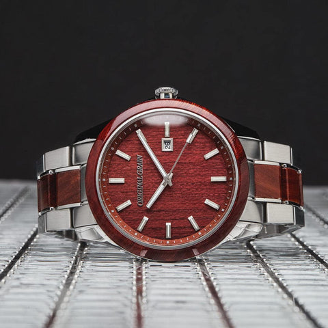 Original Grain Men's Rosewood Silver 43mm Analog Watch | Classic Collection, Brushed Stainless Steel, Adjustable Watch Band | 5ATM Water-Resistant, Scratch-Resistant | Fashion Wrist Watch for Men Original Grain