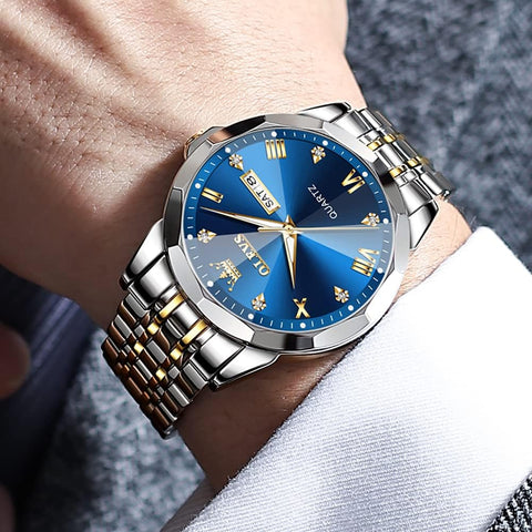 OLEVS Watch for Men Blue Big Face Watch for Men Two Tone Men's Wrist Watches Stainless Steel Waterproof Casual Fashion Mens Watches Luxury Diamond Quartz Men Watch relojes para Hombres OLEVS