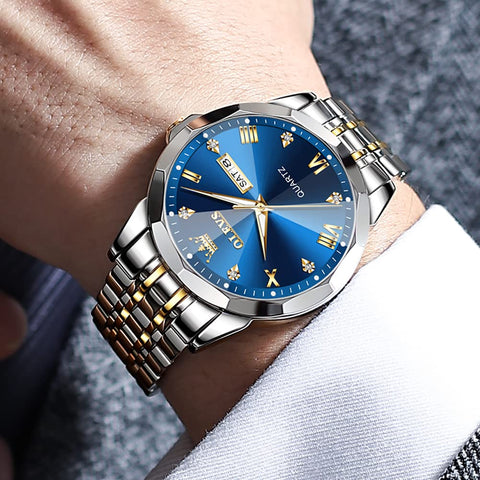 OLEVS Watch for Men Blue Big Face Watch for Men Two Tone Men's Wrist Watches Stainless Steel Waterproof Casual Fashion Mens Watches Luxury Diamond Quartz Men Watch relojes para Hombres OLEVS