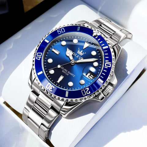 OLEVS Mens Silver Tone Watch Big Face Stainless Steel Band Blue Dial Round Dress Watches for Men Easy to Read Calendar Date Sport Analog Quartz Man Wristwatch Waterproof Luminous Reloj para Hombre