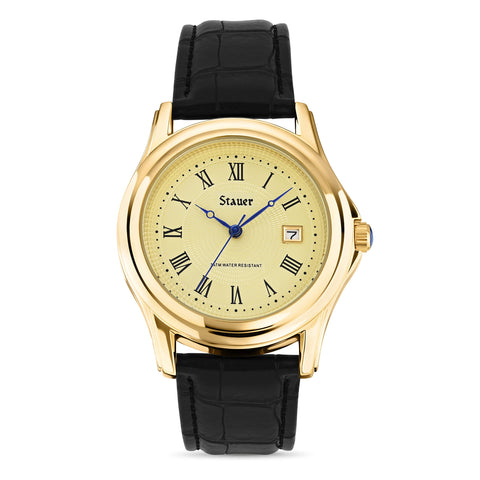 Stauer Metropolitan Watch for Men – Mens Watches w/Genuine Black Leather Band & Gold Finished Case – Water Resistant Watches – Stylish Gifts for Men Stauer