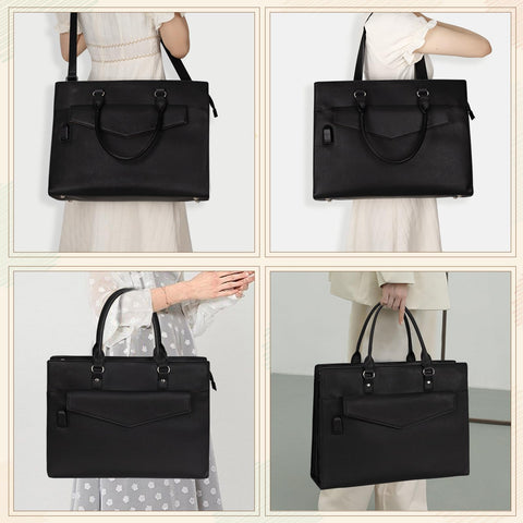 Laptop Tote Bag for Women, 17 Inch Laptop Bag Waterproof Leather Computer Tote Bag, Large Work Bag with USB Charging Port, Womens Laptop Briefcase Business Office Handbag Work Shoulder Bag, Black onemoky