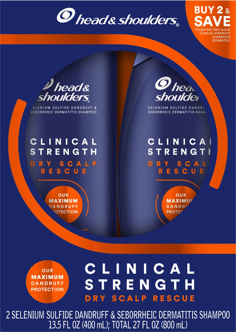 Head & Shoulders Anti-Dandruff Shampoo, Clinical Strength Dry Scalp Rescue Shampoo Twin Pack, 1% Selenium Sulfide, Seborrheic Dermatitis Relief, Dry Scalp 13.5 fl oz Each