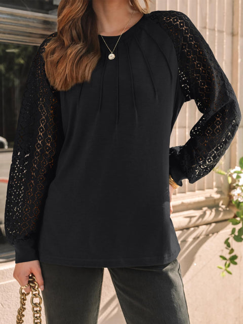 AUTOMET Womens Long Sleeve Shirts Lace Tops Business Casual Blouses 2025 Fall Fashion Teacher Outfits Trendy Clothes Knit T Y2k Ladies Dressy Work Professional Clothing Black L