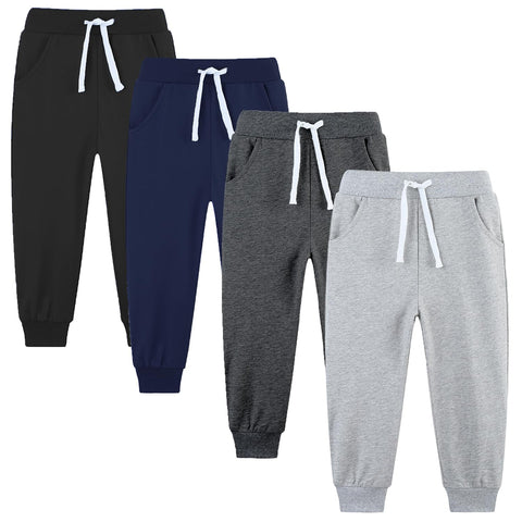 Avsead Kids Boy Sweatpants Pants,4 Pack Pull On Cotton Jogger Outfits Clothes Sweat Pant Navy/Light Gray/Black/Dark Gray Size 6-7 Years