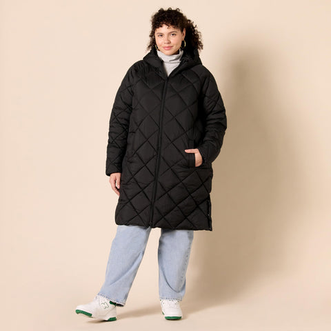 Amazon Essentials Women's Puffer Jacket, Heavyweight Diamond Quilted Knee Length Winter Coat, Black, Large