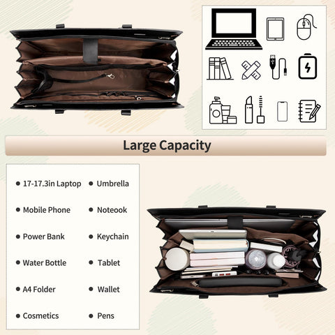 Laptop Tote Bag for Women, 17 Inch Laptop Bag Waterproof Leather Computer Tote Bag, Large Work Bag with USB Charging Port, Womens Laptop Briefcase Business Office Handbag Work Shoulder Bag, Black onemoky