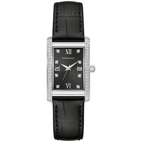 Caravelle by Bulova Ladies' Classic Crystal 3-Hand Quartz Watch, Roman Numeral Markers, Rectangle Case, Curved Mineral Crystal, Black Leather Strap/Stainless Caravelle