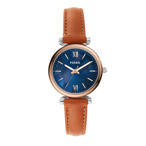 Fossil Women's Carlie Mini Quartz Stainless Steel and Leather Watch, Color: Rose Gold/Silver, Luggage (Model: ES4701) Fossil