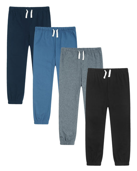 GFQLONG 4 Pack Toddler Boys and Girls Cotton Pants Lightweight Trousers, Kids Summer Casual Solid Sweatpants with Drawstring, Black+Blue+Grey+Navy, 7-8 Years