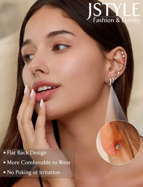 Jstyle Hypoallergenic Silver Stud Hoop Earrings for Women Small Flat Back Surgical Stainless Steel Earrings for Sensitive Ears Trendy Silver Hoops Cartilage Earring Stack Set Multiple Piercing Jewelry