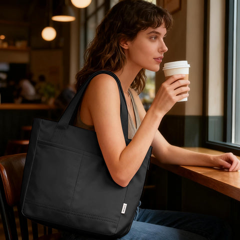 KarSyon Tote Bag for Women Foldable Tote Purses Bags With Cup Holder Zipper Travel Shoulder Bag Handbag for Work,Nurse,School (Black)