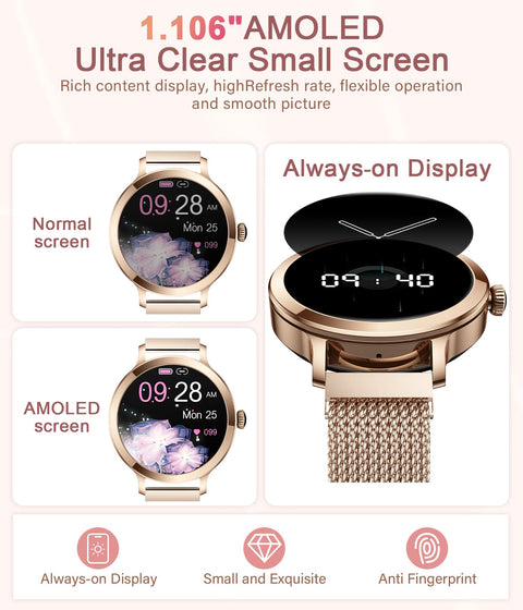 niolina Smart Watches for Women, 1.106" AMOLED Small Screen Smartwatch Answer/Make Call for Android iOS Phones, IP68 Waterproof Fitness Activity Tracker with 100+ Sports, Heat Rate, SpO2, Rose Gold niolina