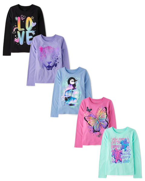 The Children's Place Girls Animal Long Sleeve Graphic T-Shirts,Multipacks Animals 5-Pack Medium