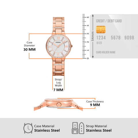 Fossil Women's Virginia Quartz Stainless Steel Three-Hand Watch, Color: Rose Gold Glitz (Model: ES3284) Fossil