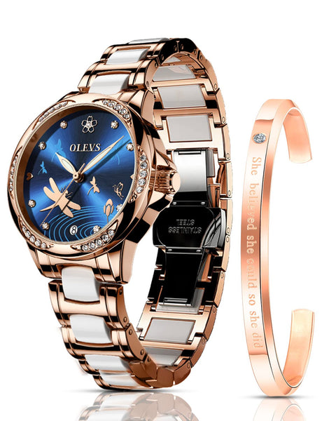 OLEVS Automatic Watches for Women Self Winding Mechanical Watch Rose Gold Diamond Stainless Steel Luminous Waterproof Dress Watch Blue Dial OLEVS